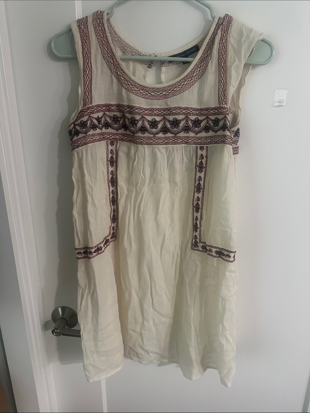 American Eagle Outfitters Cream Sleeveless Boho Dress with Maroon Trim